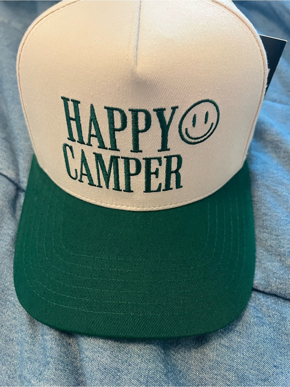 Happy Camper Embroidered Trucker Hat - Cream & Green